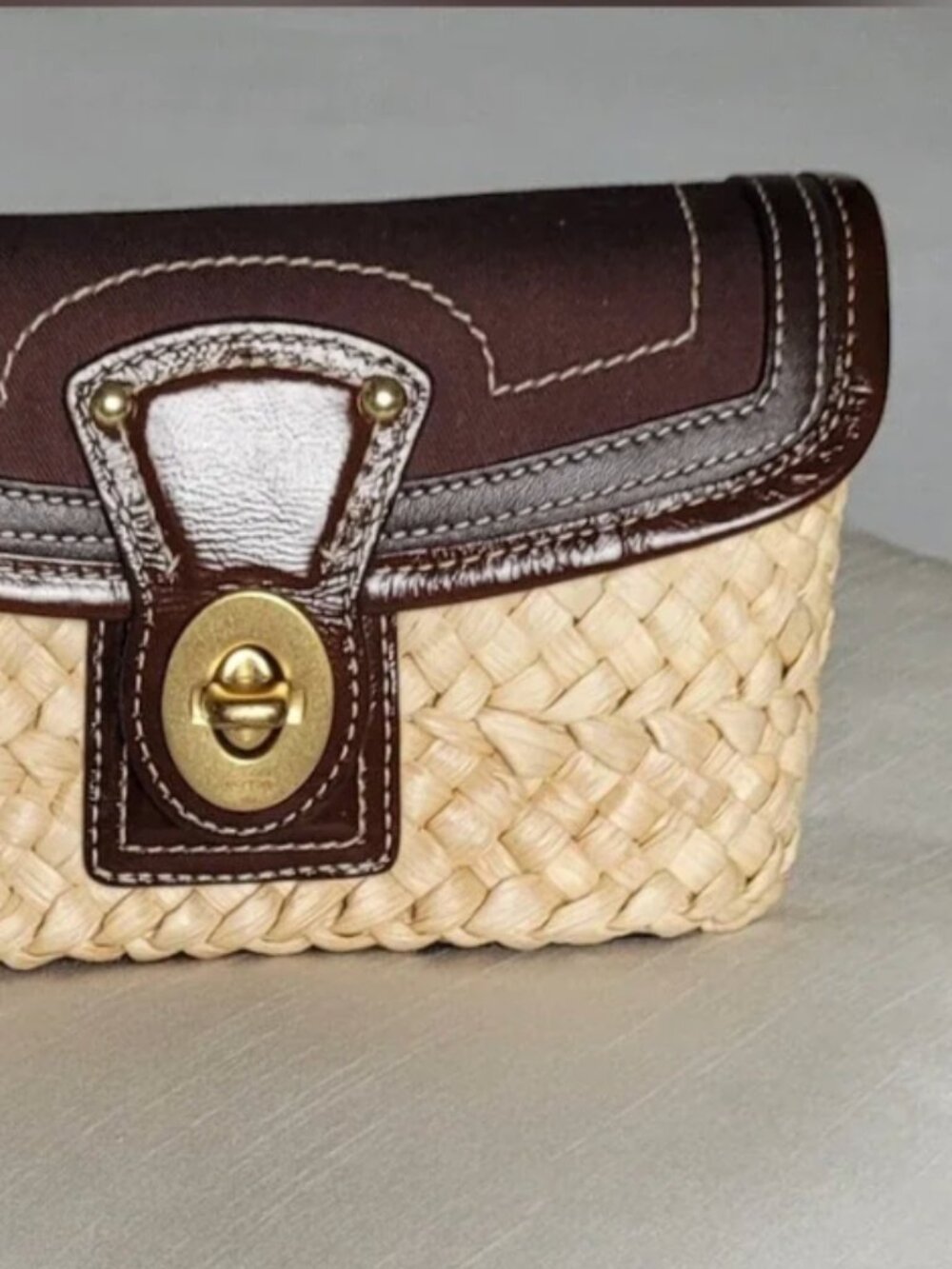 727 Coach Straw Summertime Turnlock Wristlet Clutch Brown Brass Raffia Vintage - Picture 2 of 12
